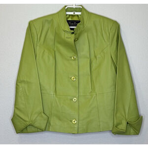 Terry Lewis Womens Leather Jacket Size Medium Green Button Front Roll Cuff Lined